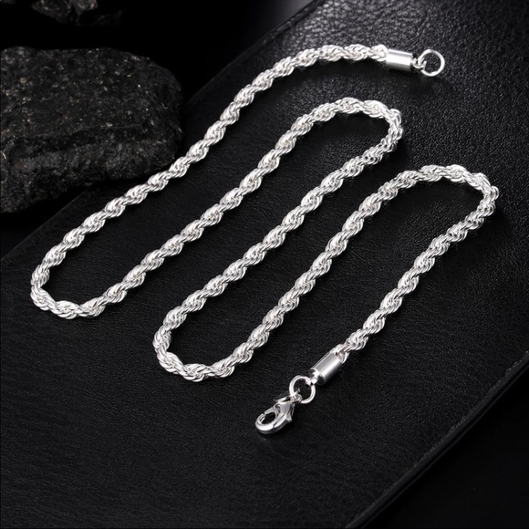New Unisex 925 silver 4MM chain twisted rope necklace bracelets fashion Set - Picture 4 of 5